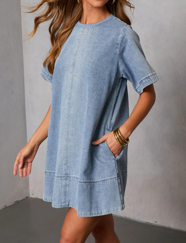 Oversized Denim Tee Dress With Pockets - Blue - 1