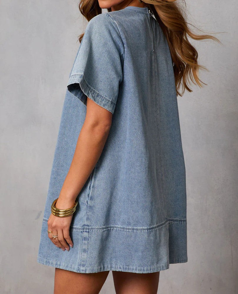 Oversized Denim Tee Dress With Pockets - Blue - 2