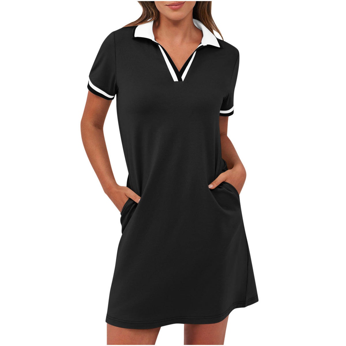 Polo Collar Short Sleeve Mini Shirt Dress - BlackWhite