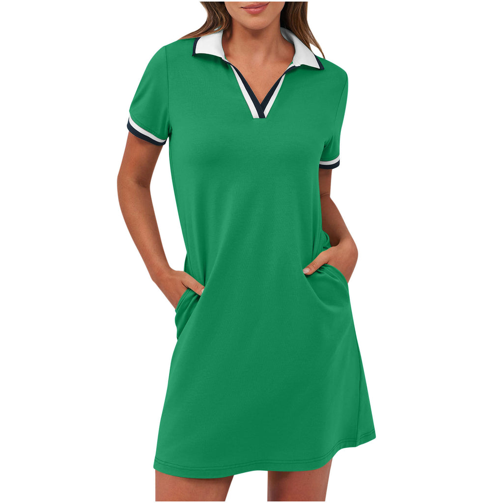 Polo Collar Short Sleeve Mini Shirt Dress - Green