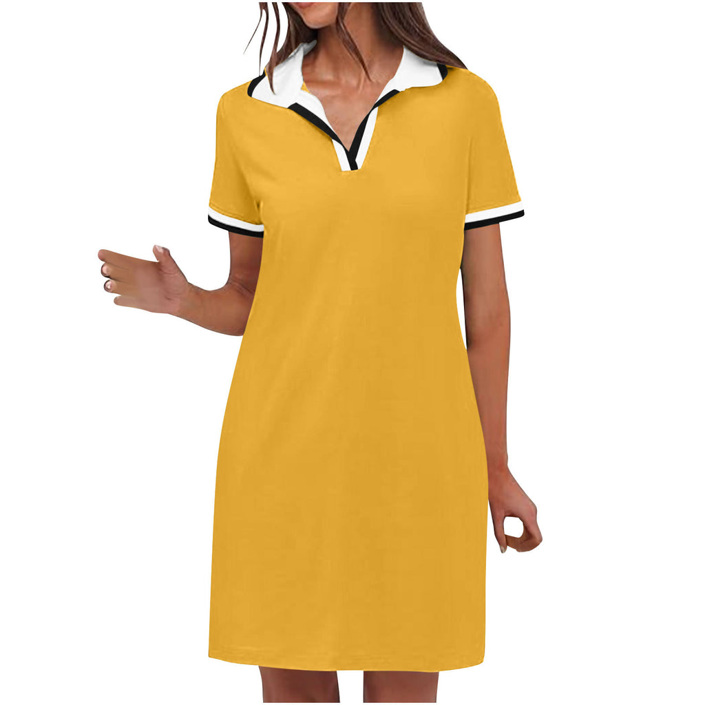 Polo Collar Short Sleeve Mini Shirt Dress - Yellow