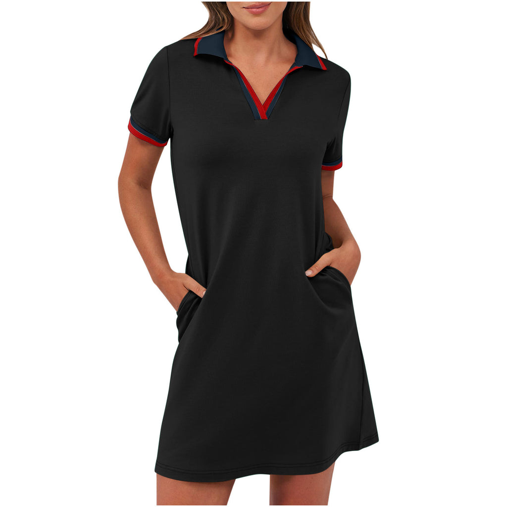 Polo Collar Short Sleeve Mini Shirt Dress - black