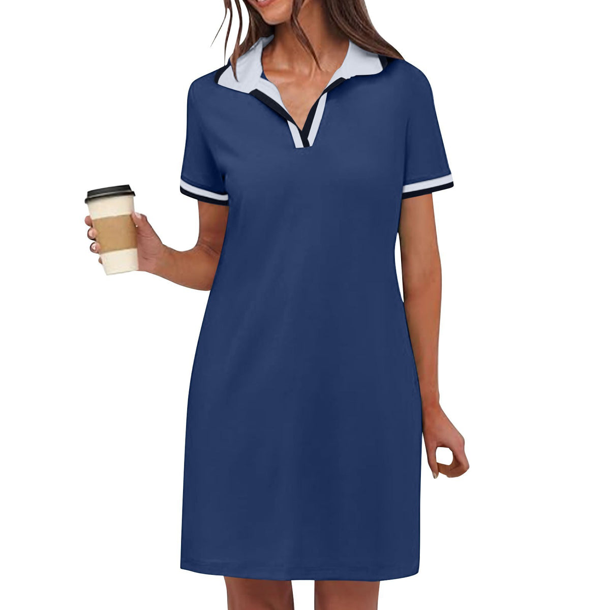 Polo Collar Short Sleeve Mini Shirt Dress - navy