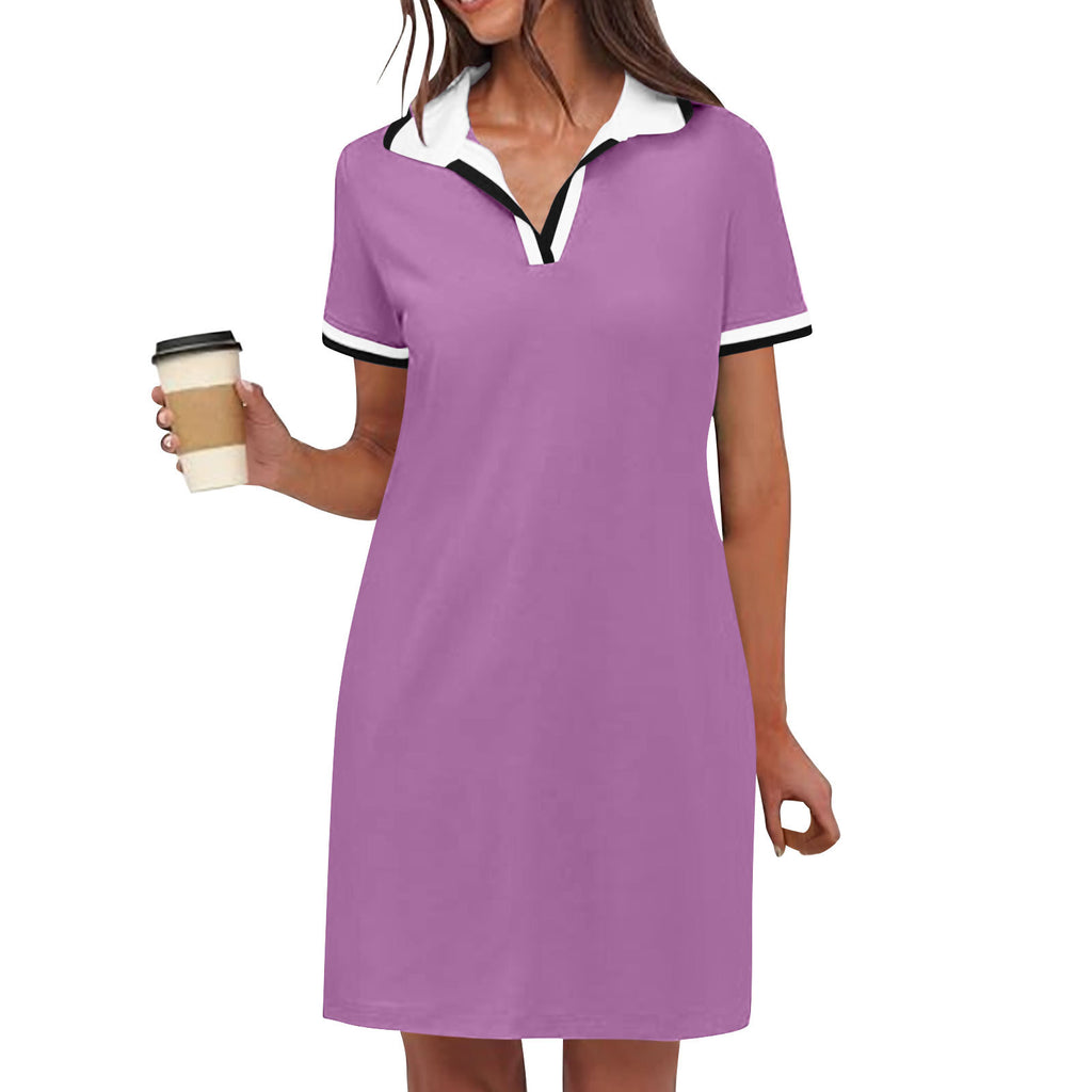 Polo Collar Short Sleeve Mini Shirt Dress - violet