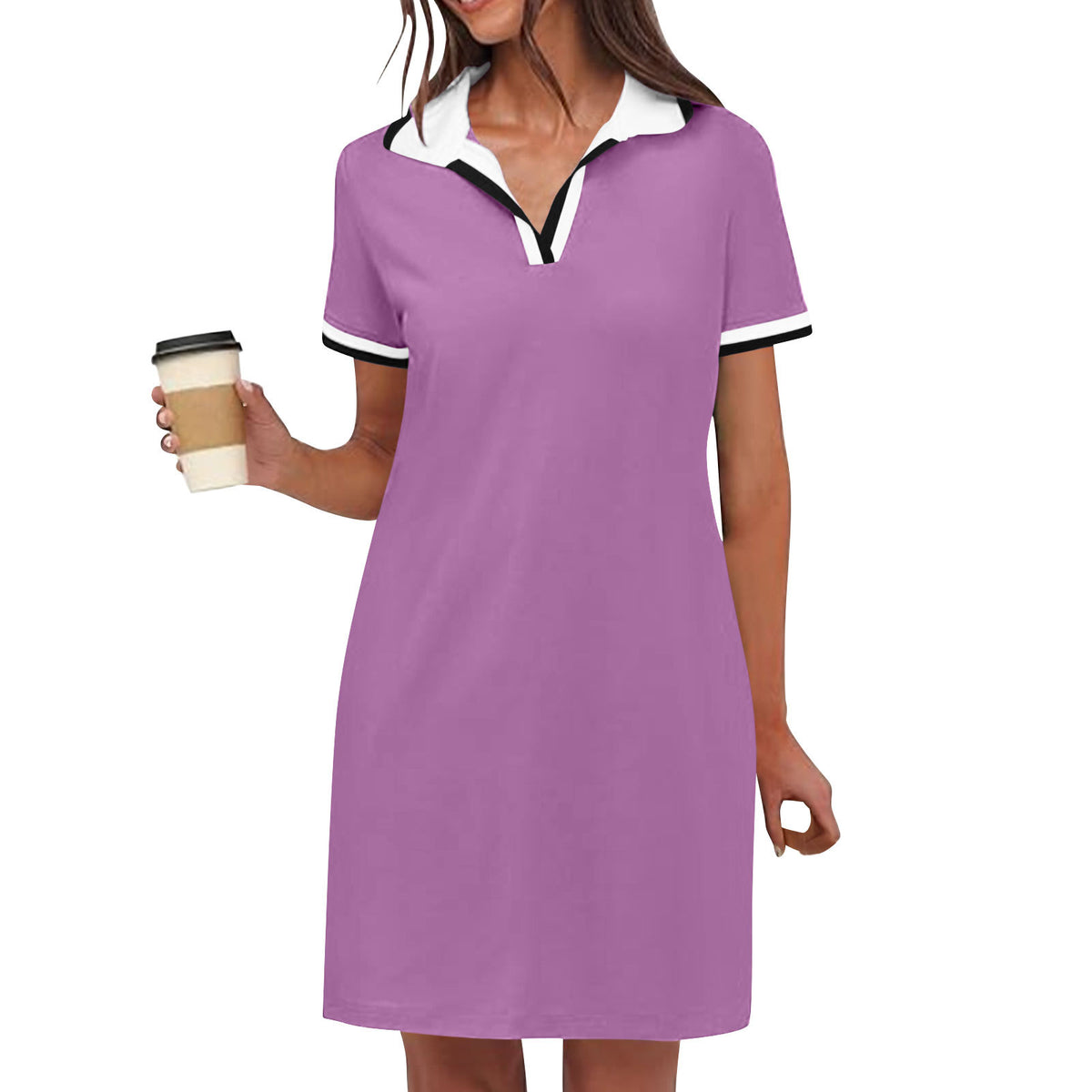 Polo Collar Short Sleeve Mini Shirt Dress - violet