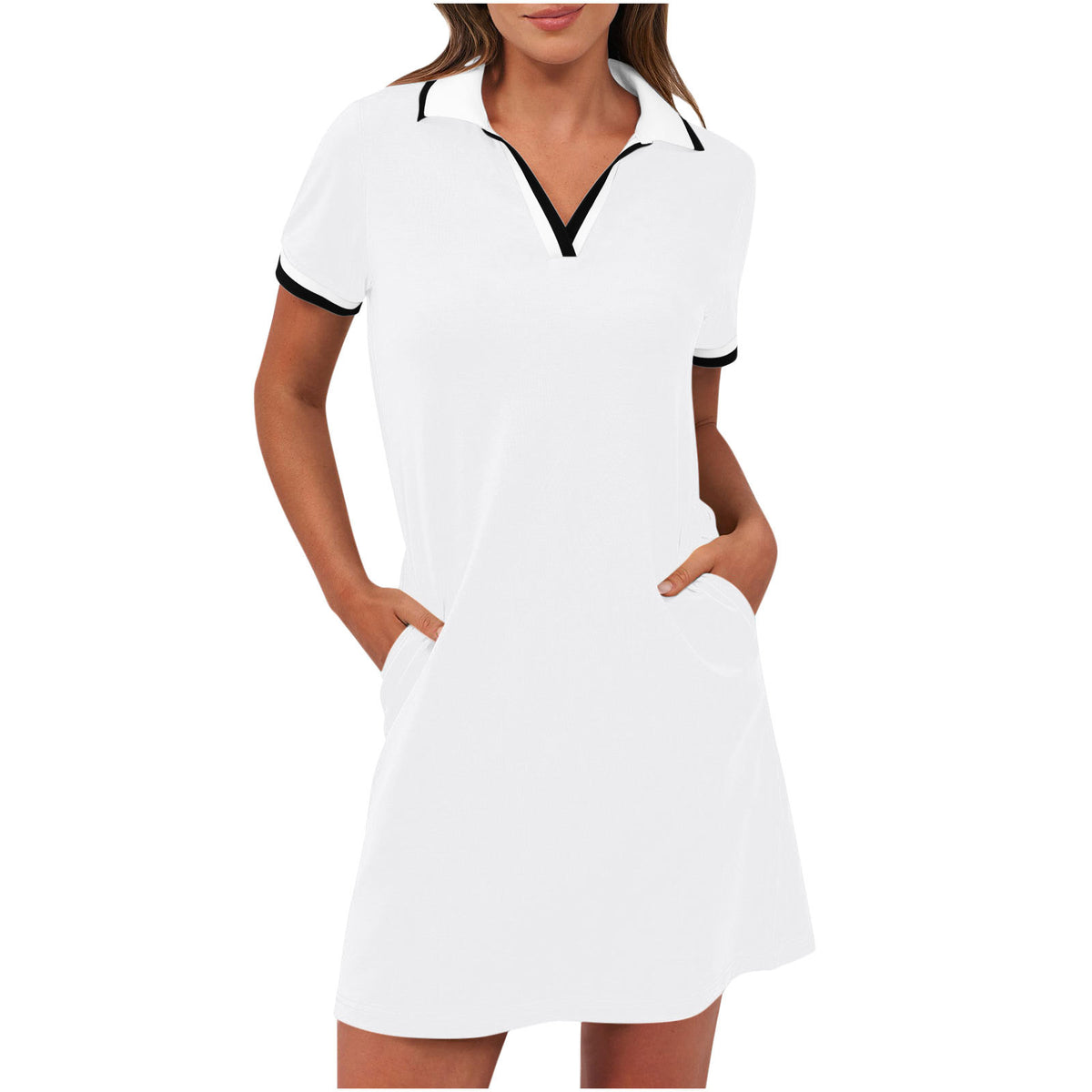 Polo Collar Short Sleeve Mini Shirt Dress - white
