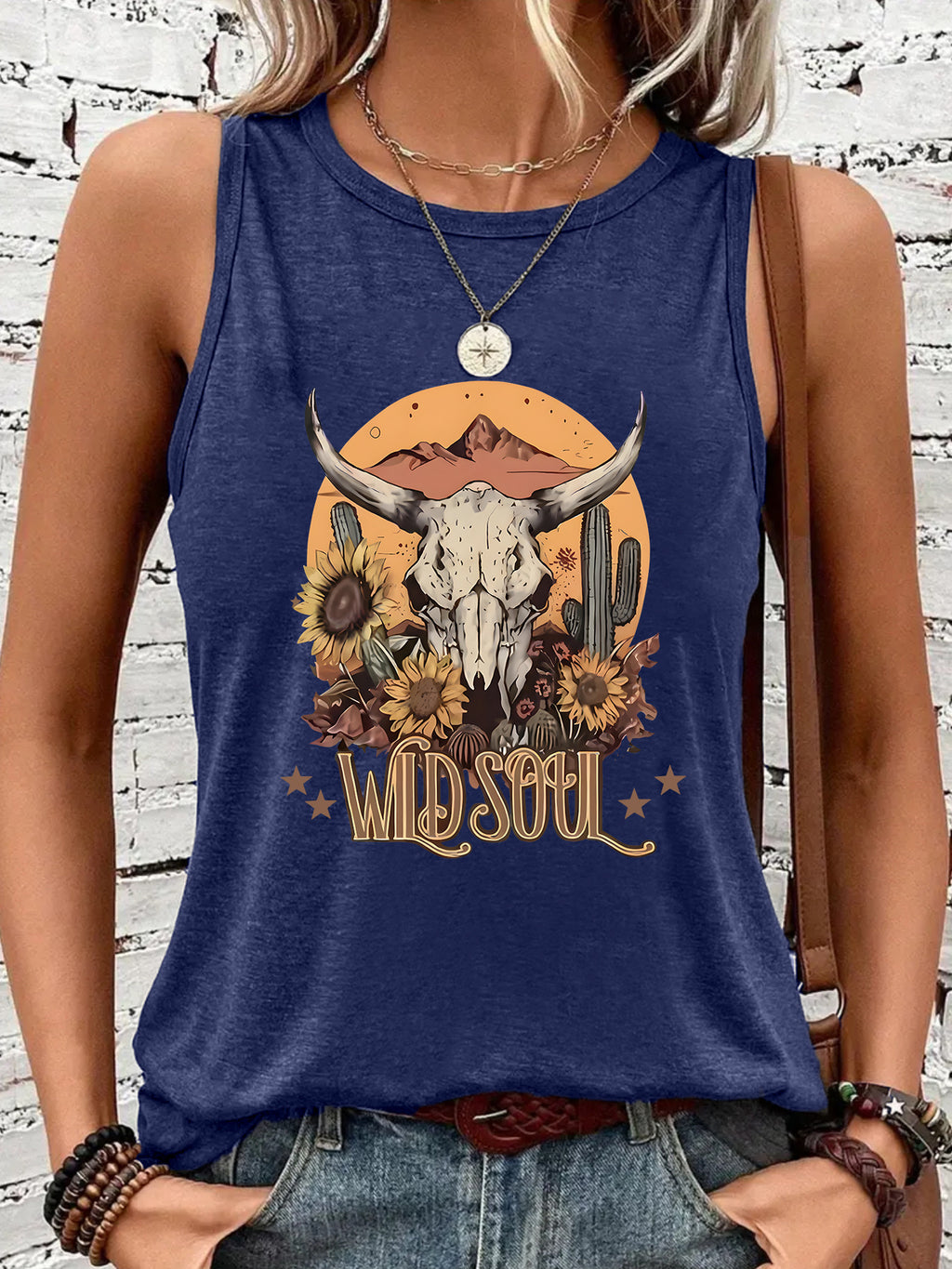 Western Steer Skull Sunflower Graphic Tank Top - DarkBlue