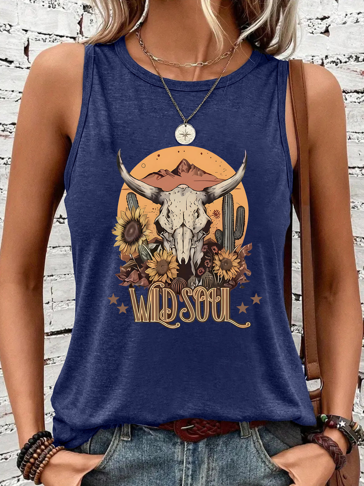 Western Steer Skull Sunflower Graphic Tank Top - DarkBlue