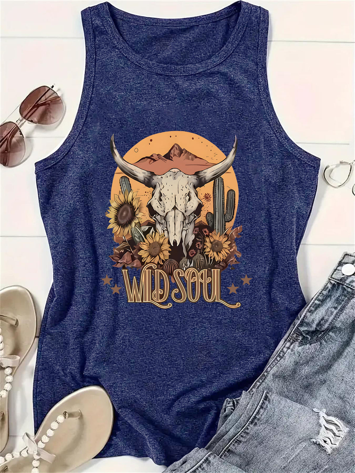 Western Steer Skull Sunflower Graphic Tank Top - DarkBlue - 1