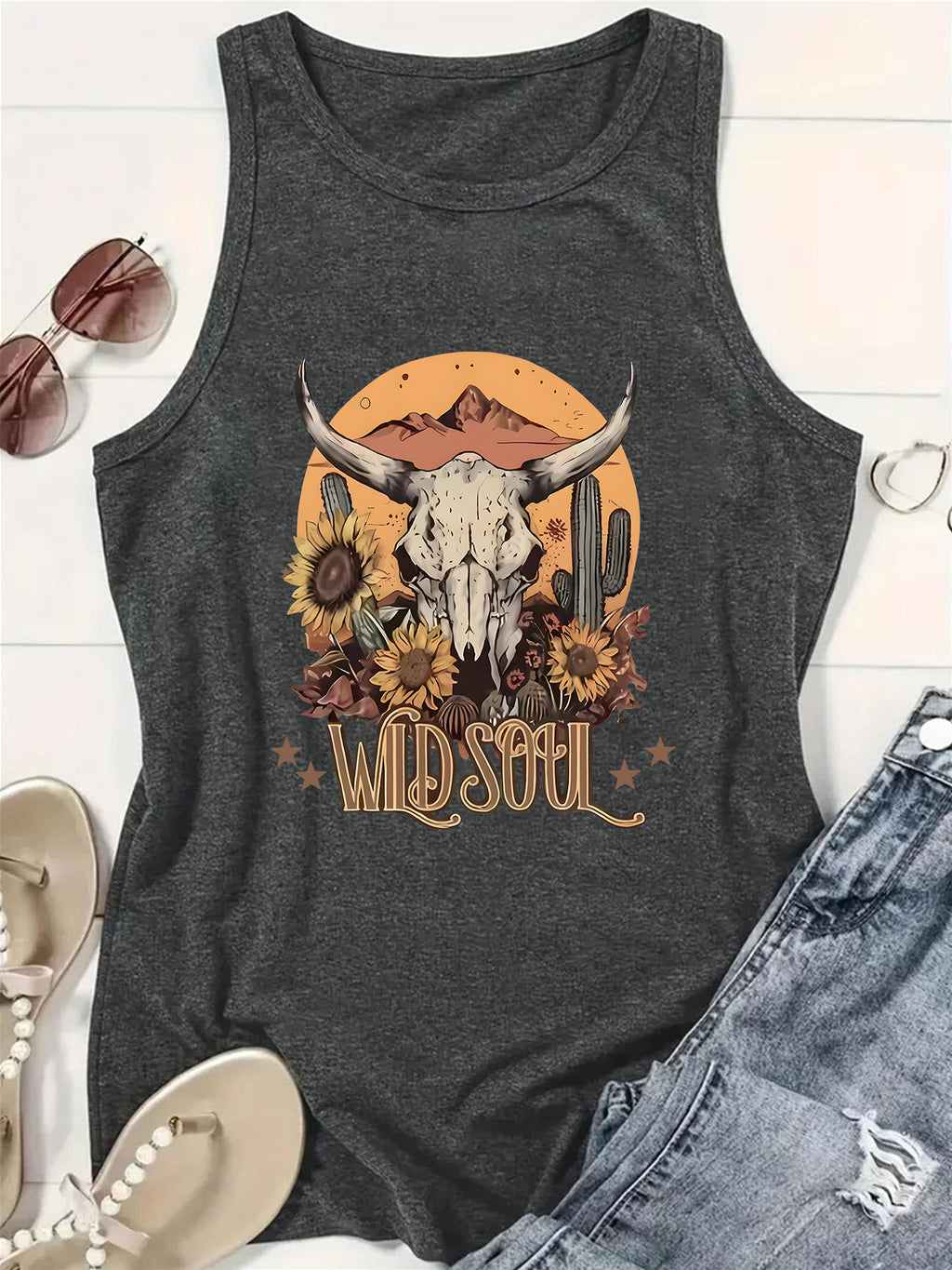 Western Steer Skull Sunflower Graphic Tank Top - Grey - 1
