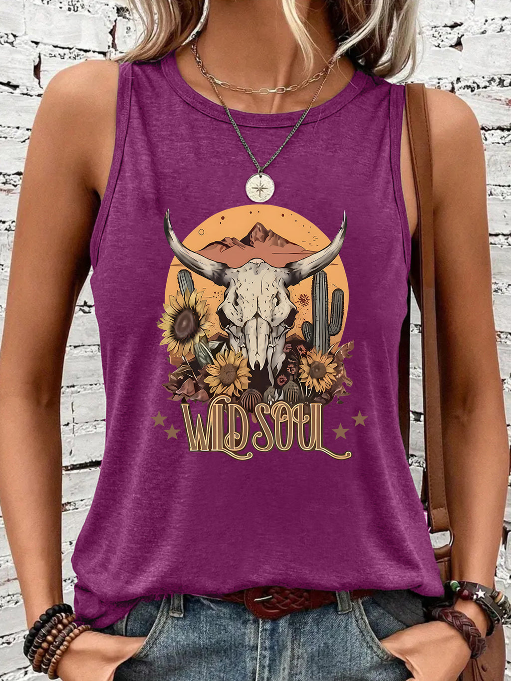 Western Steer Skull Sunflower Graphic Tank Top - Purple