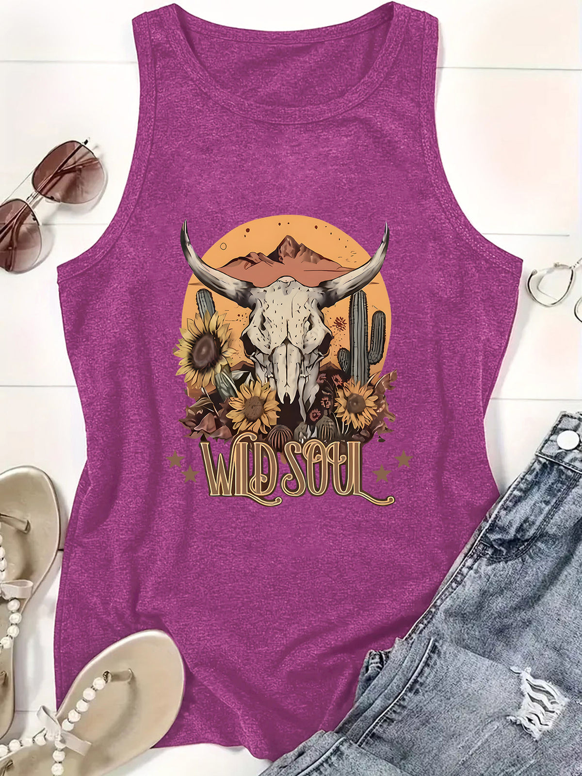 Western Steer Skull Sunflower Graphic Tank Top - Purple - 1