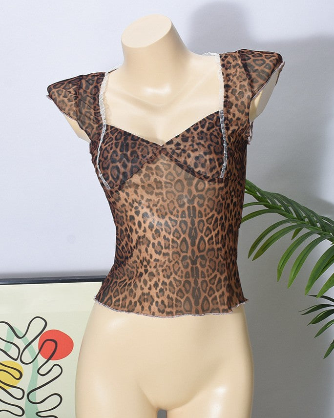 Sheer Leopard Mesh Cap Sleeve Top - Leopard - 1