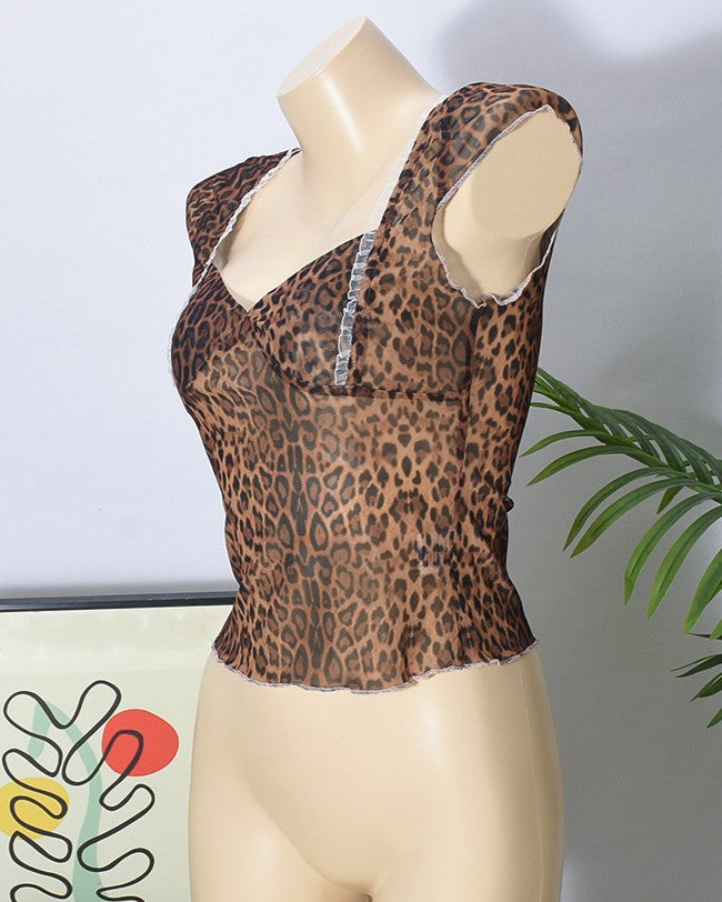 Sheer Leopard Mesh Cap Sleeve Top - Leopard - 2