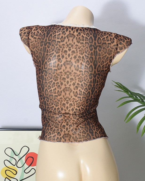 Sheer Leopard Mesh Cap Sleeve Top - Leopard - 3