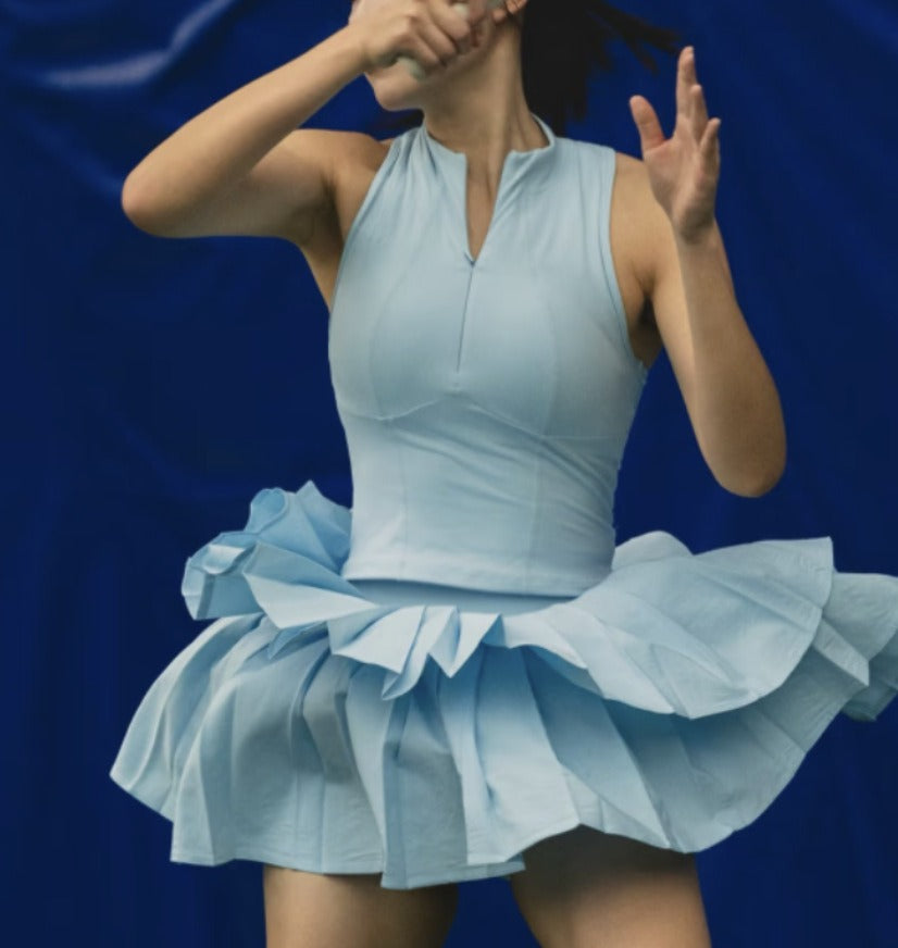 Tiered Pleated Tennis Skort With Built-In Shorts - Sky Blue