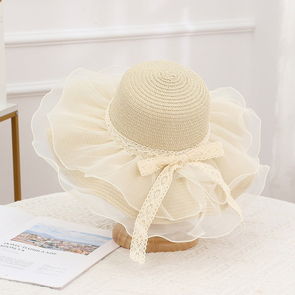 Organza Ruffle Brim Lace Straw Hat - Beige