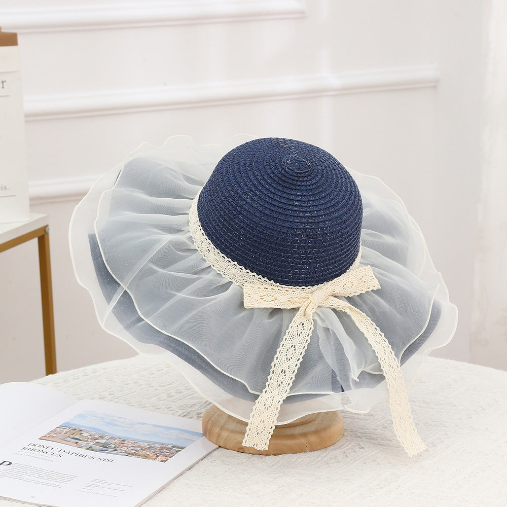 Organza Ruffle Brim Lace Straw Hat - Navy-Blue
