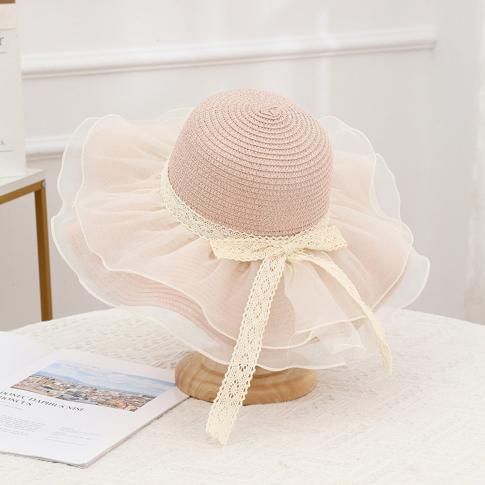 Organza Ruffle Brim Lace Straw Hat - Pink