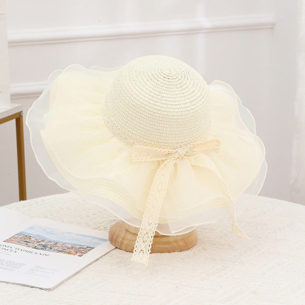Organza Ruffle Brim Lace Straw Hat - White