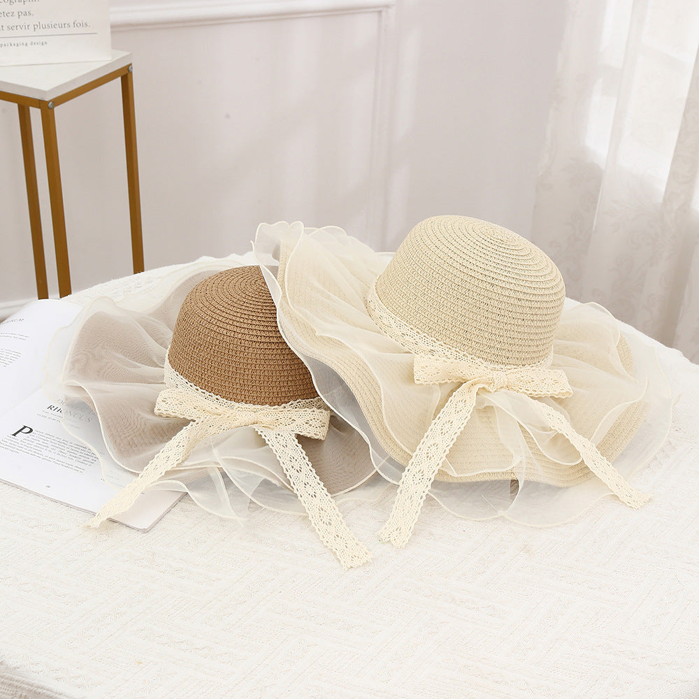Organza Ruffle Brim Lace Straw Hat