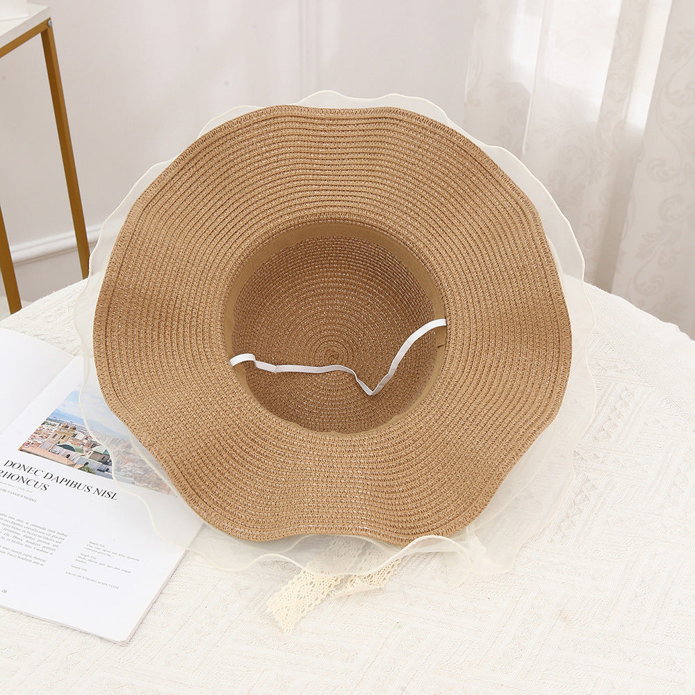Organza Ruffle Brim Lace Straw Hat - view 1