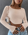 Square Neck Waffle Knit Crop Top - almond