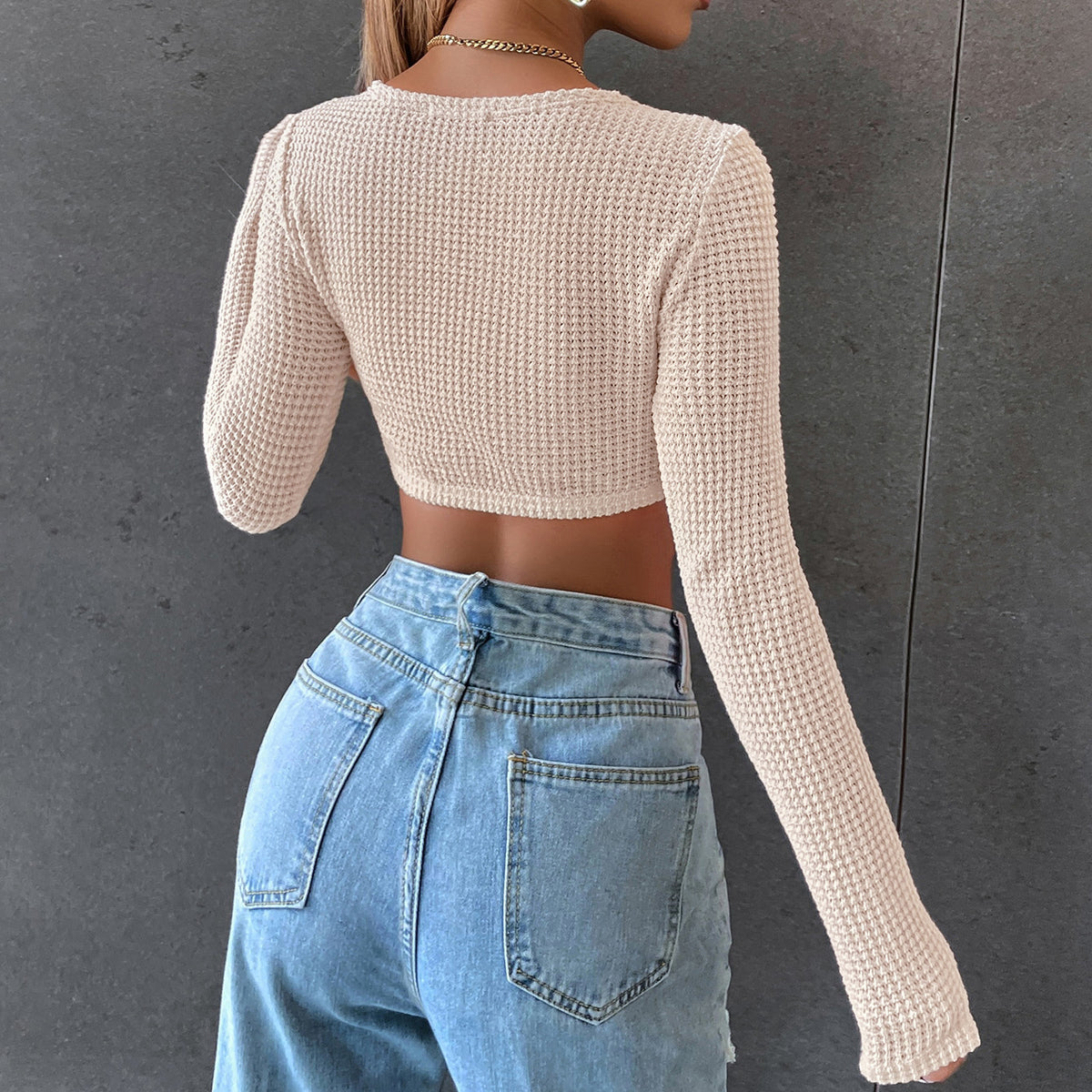 Square Neck Waffle Knit Crop Top - almond - 3