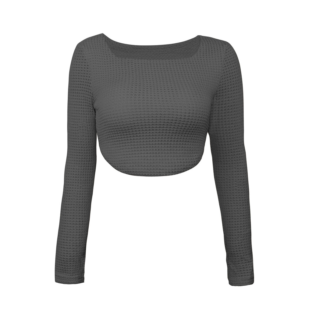 Square Neck Waffle Knit Crop Top - gray