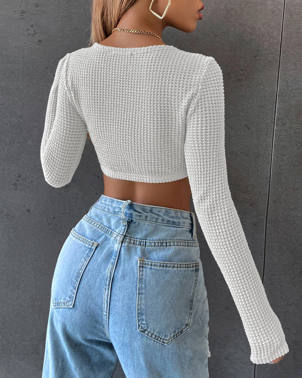 Square Neck Waffle Knit Crop Top - white - 3