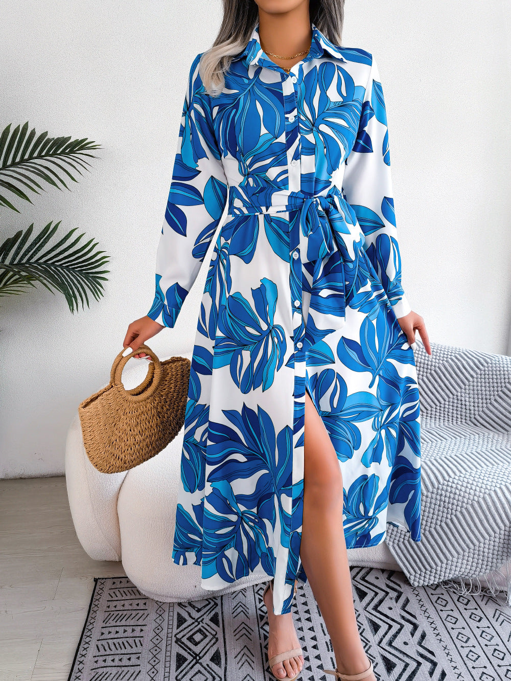 Tropical Leaf Print Belted Shirt Maxi Dress - Blue