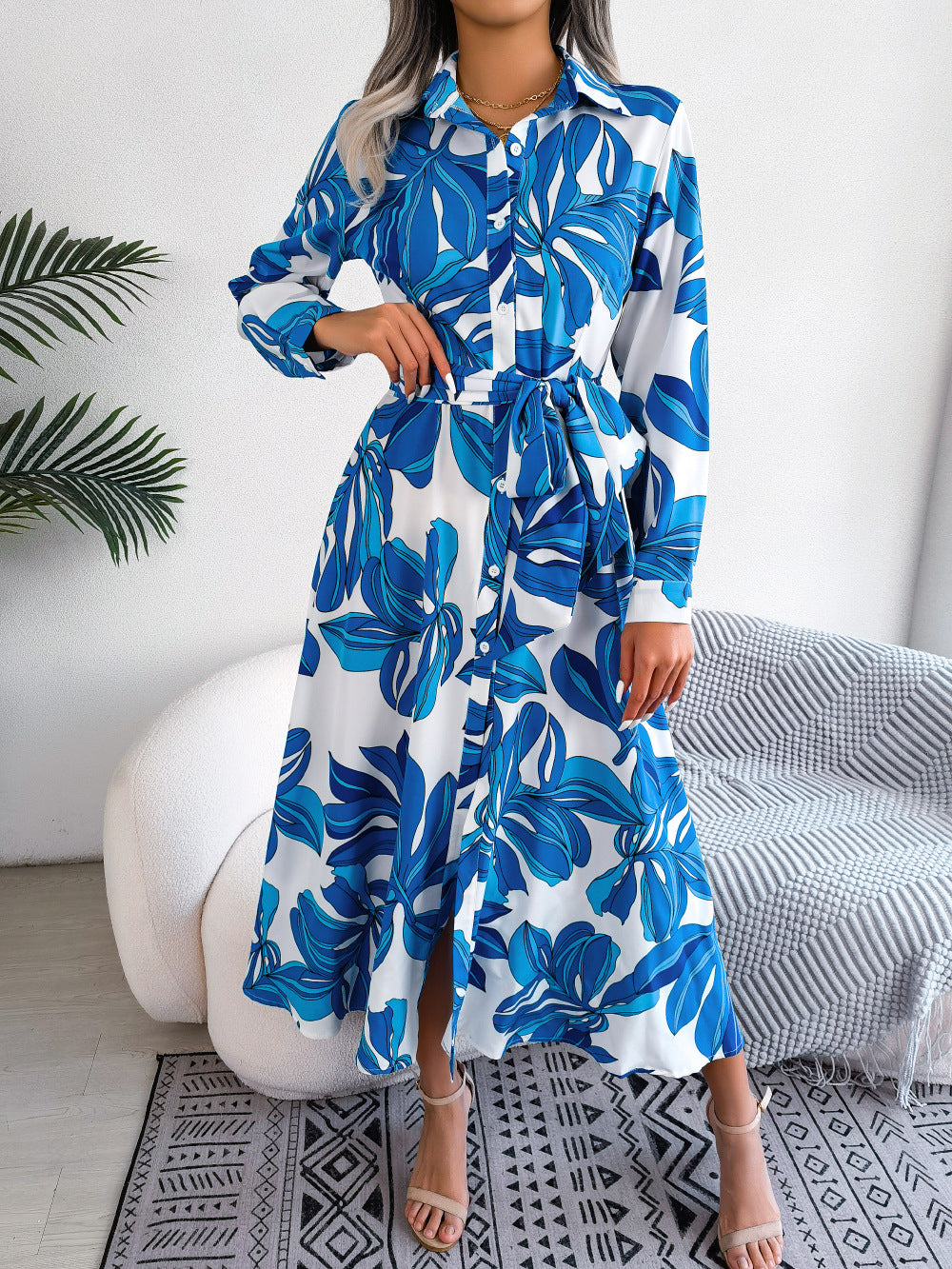 Tropical Leaf Print Belted Shirt Maxi Dress - Blue - 1