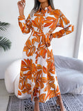 Tropical Leaf Print Belted Shirt Maxi Dress - Orange