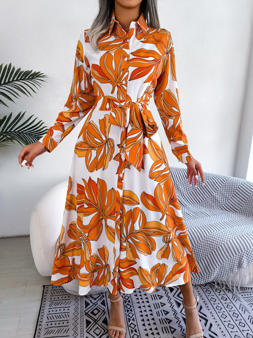 Tropical Leaf Print Belted Shirt Maxi Dress - Orange - 1