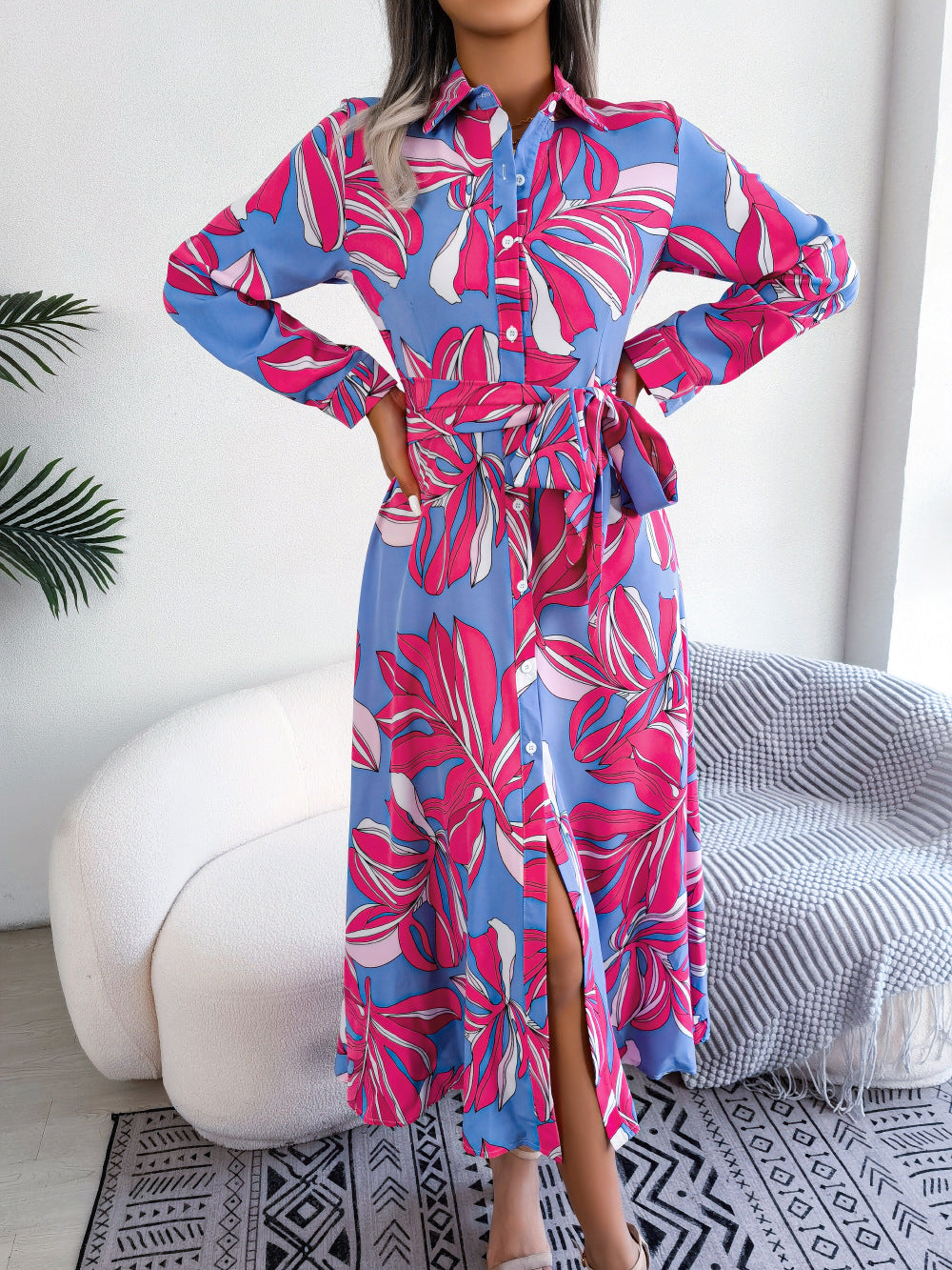 Tropical Leaf Print Belted Shirt Maxi Dress - RoseRed