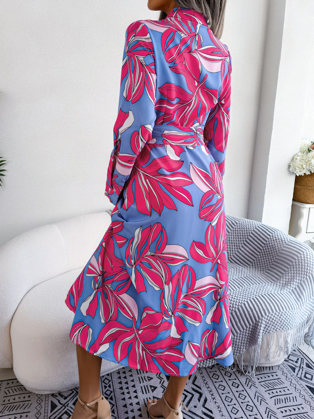 Tropical Leaf Print Belted Shirt Maxi Dress - RoseRed - 1