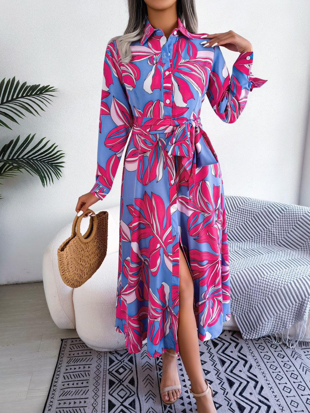 Tropical Leaf Print Belted Shirt Maxi Dress
