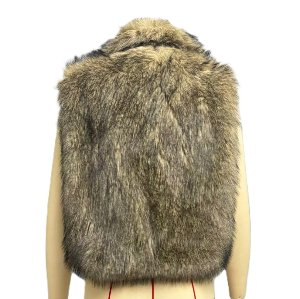 Shaggy Faux Fur Collared Cropped Vest - Brown - 1