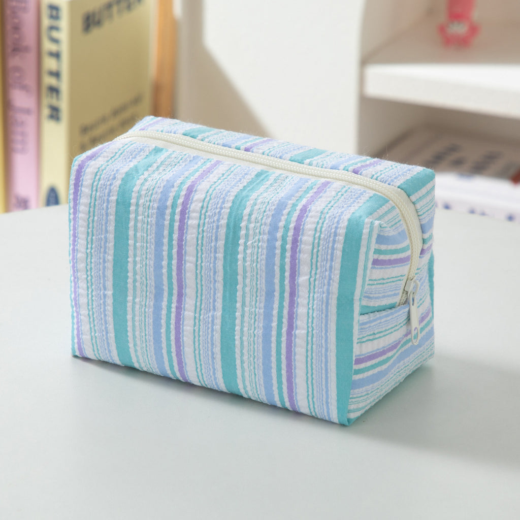 Seersucker Stripe Zip Cosmetic Pouch - Blue