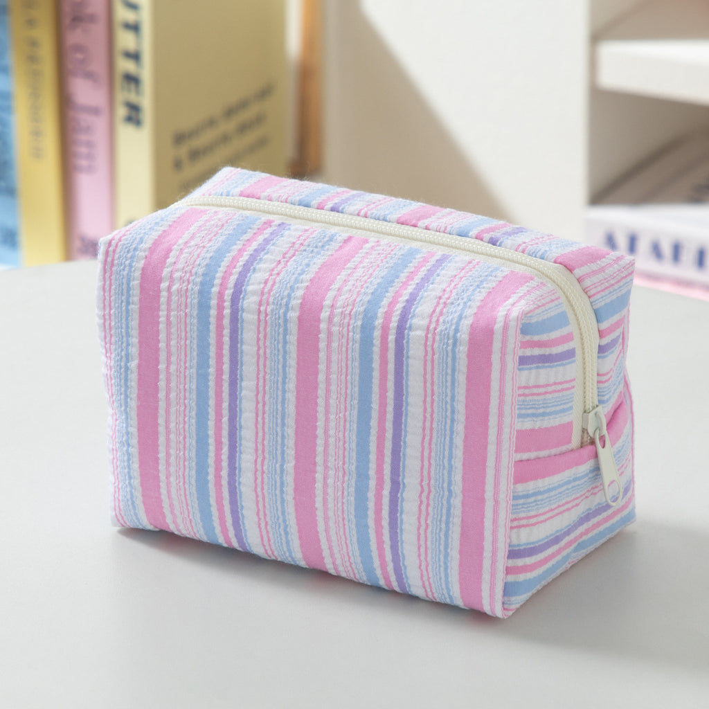 Seersucker Stripe Zip Cosmetic Pouch - BluePink
