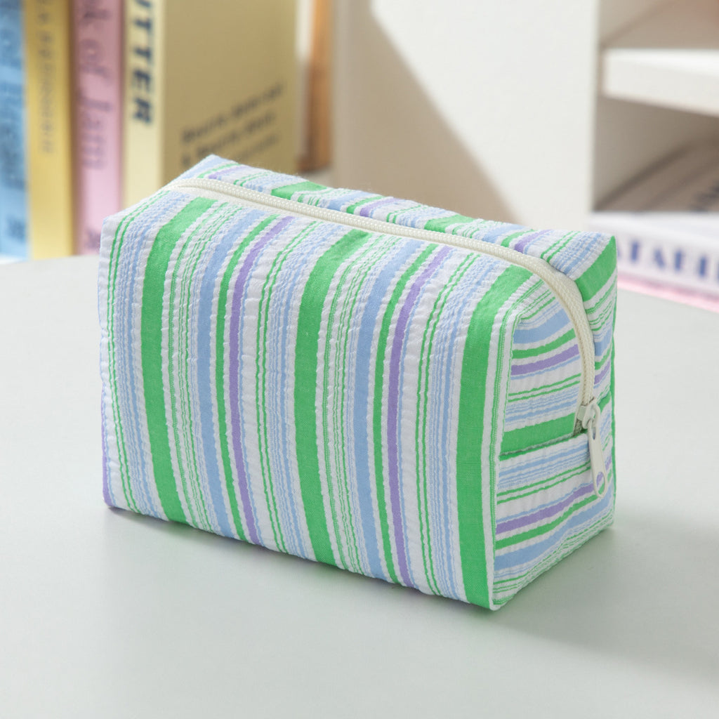 Seersucker Stripe Zip Cosmetic Pouch - Green