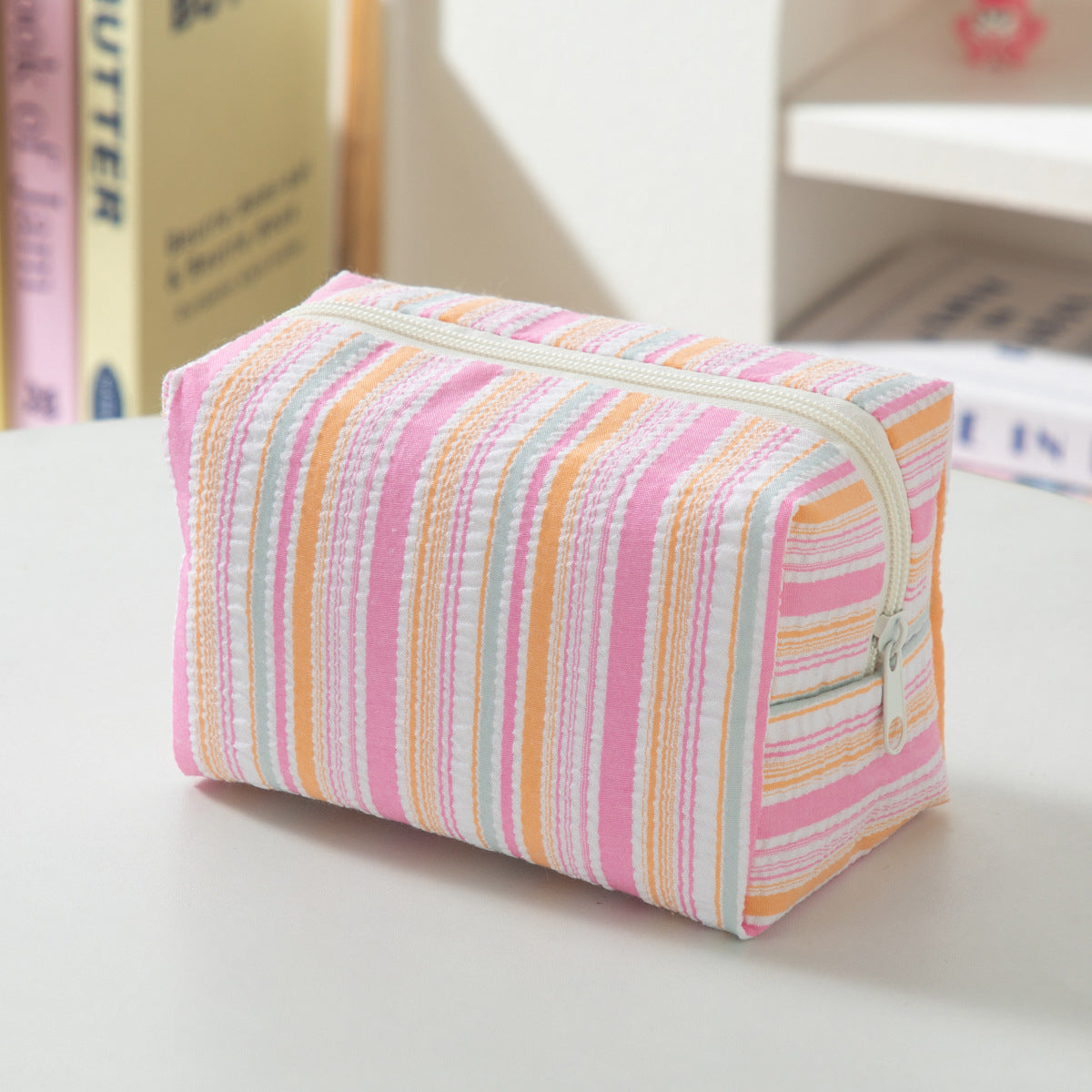 Seersucker Stripe Zip Cosmetic Pouch - Pink