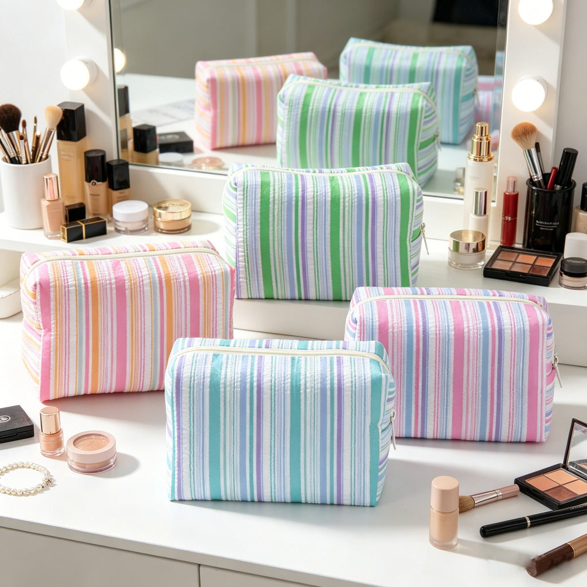 Seersucker Stripe Zip Cosmetic Pouch