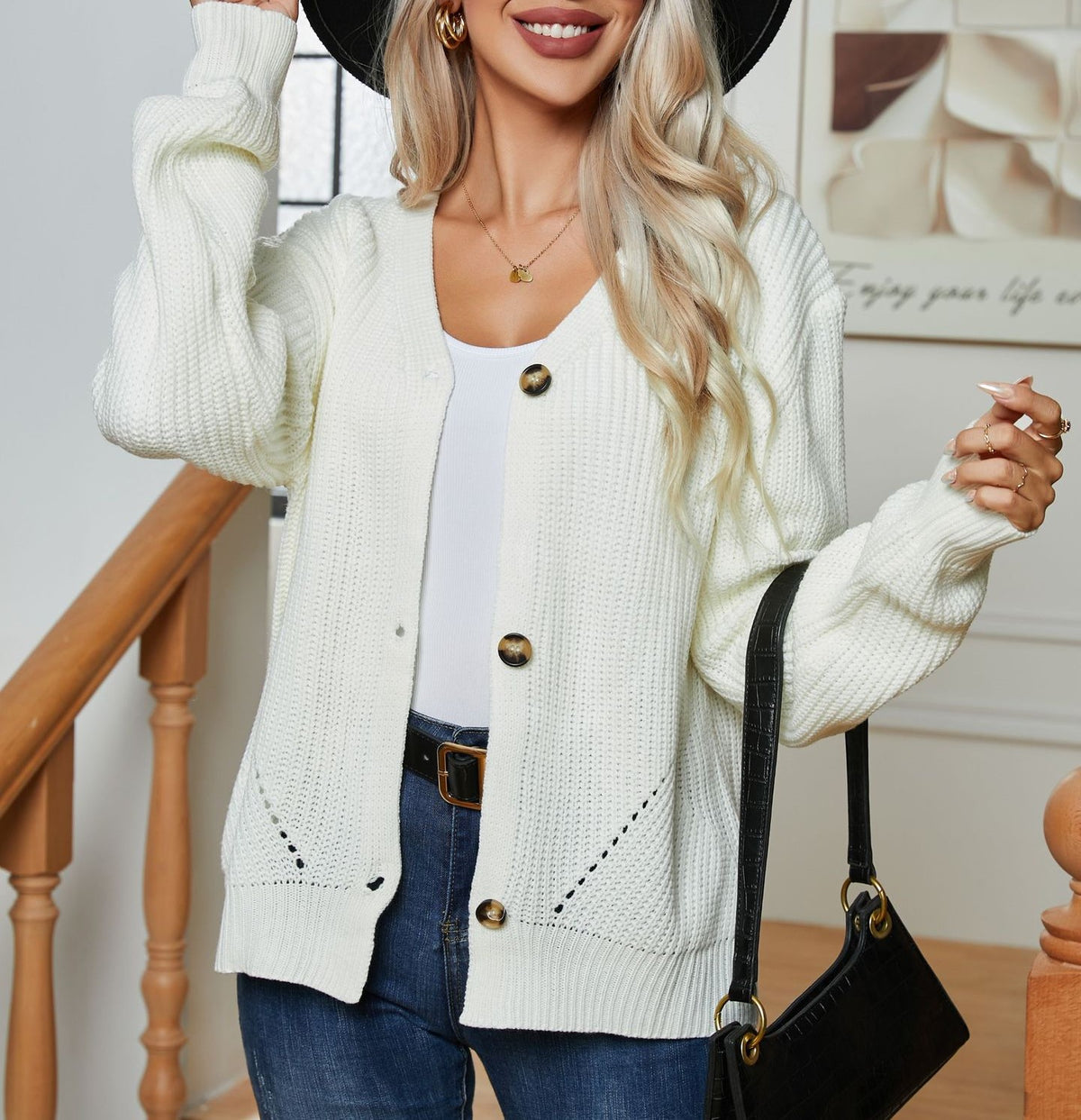 Ribbed Pointelle Button Front Cardigan - White - 3