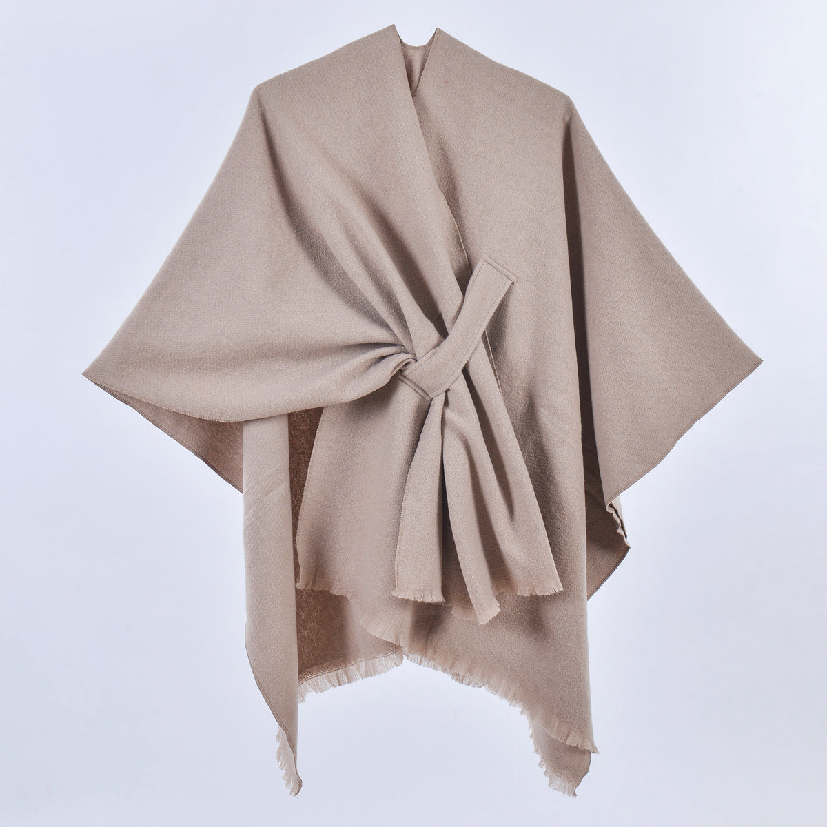 Asymmetric Tie Front Ruana Wrap - Tan