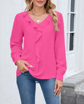 Ruffle Trim V Neck Chiffon Blouse - Rosered