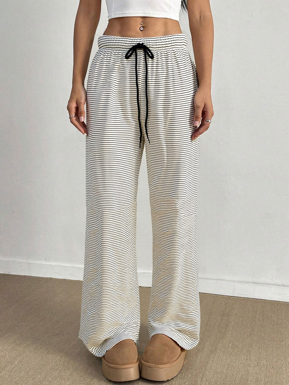 Pinstripe Wide Leg Ribbon Tie Pants - White