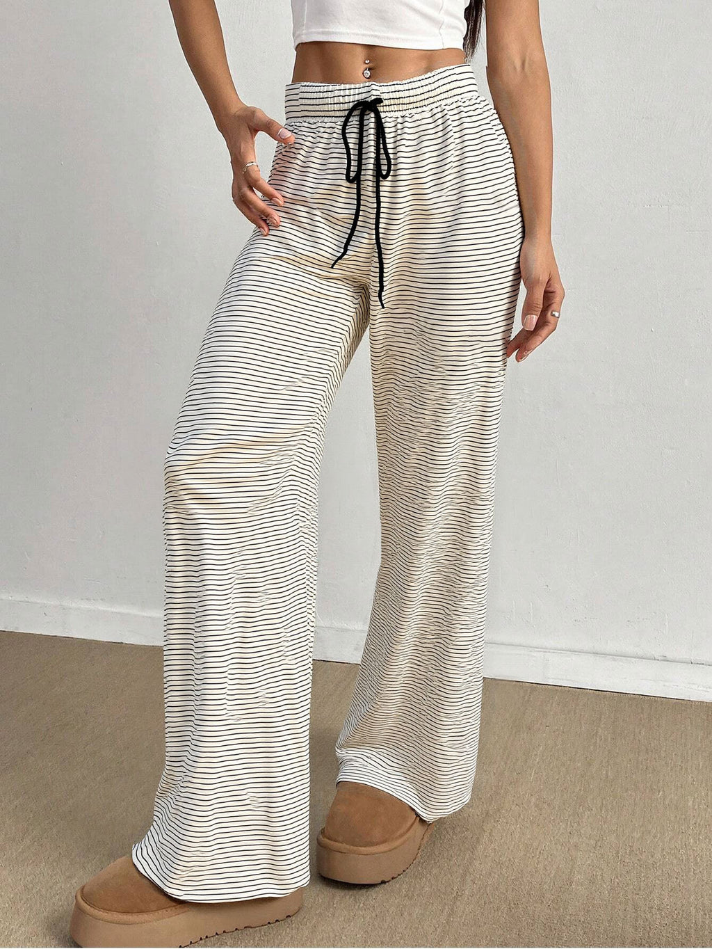 Pinstripe Wide Leg Ribbon Tie Pants - White - 2