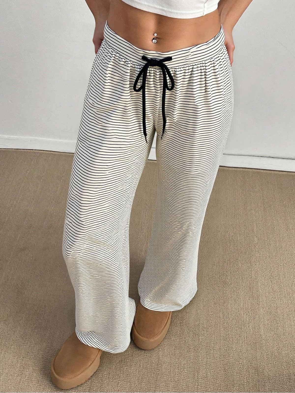 Pinstripe Wide Leg Ribbon Tie Pants