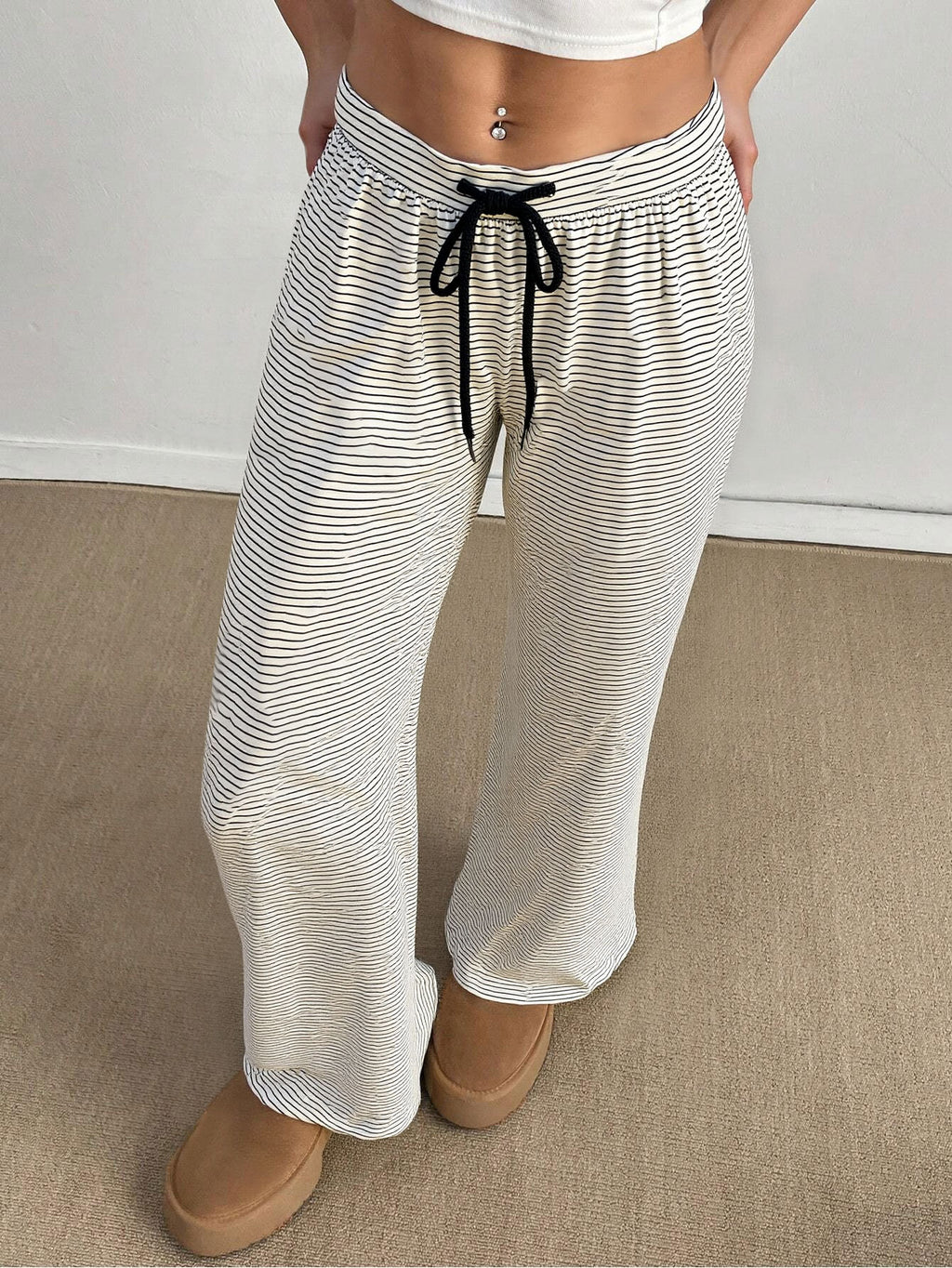 Pinstripe Wide Leg Ribbon Tie Pants - view 1